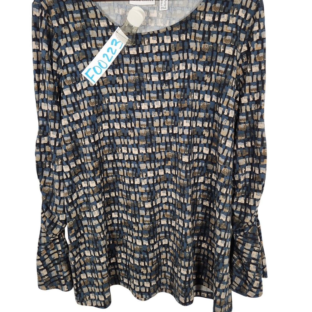 Susan Graver Blue Geometric Block Print Tunic Ruched Flared Sleeves Size‎ 1X - Picture 2 of 9